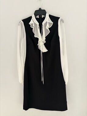 Tommy Hilfiger Black Dress with White Ruffle-Front and Sheer Sleeves